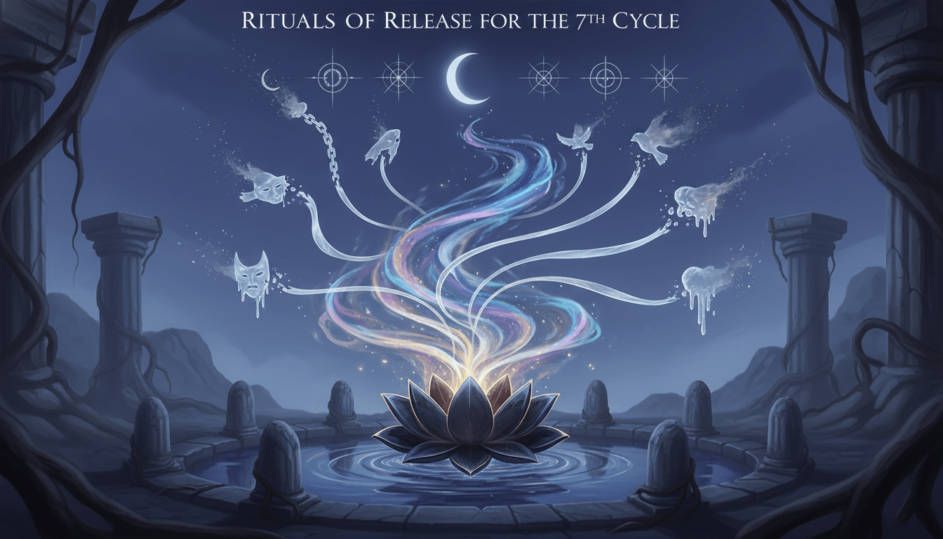 Symbolic art depicting spiritual release rituals for the seventh cycle.
