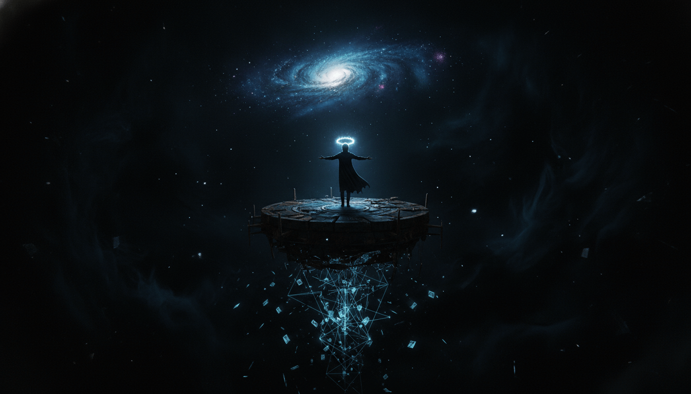 Calm figure facing an infinite, dark void.