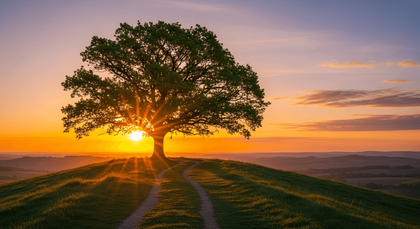 A sunset rising in the clouds with the rays piercing through a tree out on the countryside