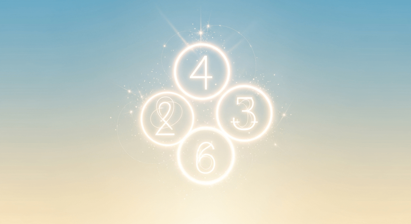 Four glowing circles arranged in a cluster against a gradient sky, each containing a number: 4, 2, 3, and 6.