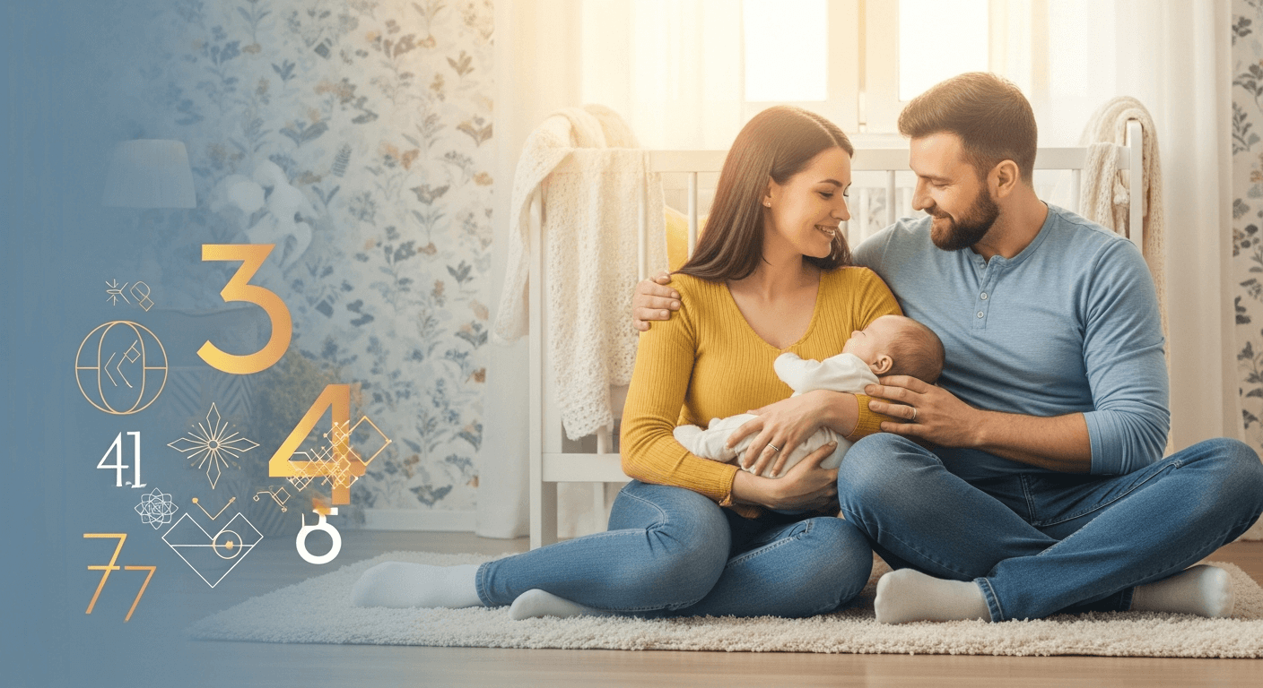 A happy couple sitting on a nursery floor, lovingly holding their newborn baby, with an overlay of golden numbers and symbols on the left.