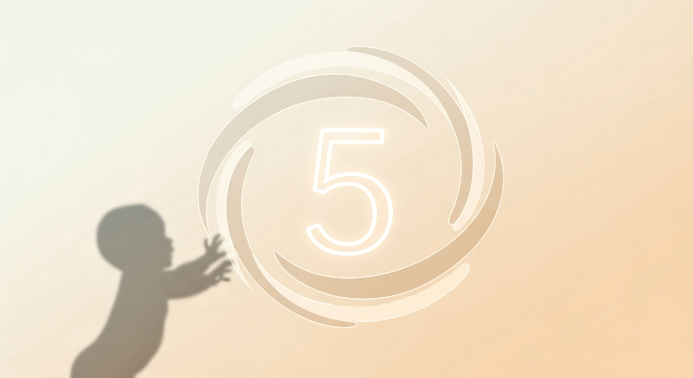 Silhouette of a baby reaching towards a glowing number 5 encased in a swirling circular emblem.