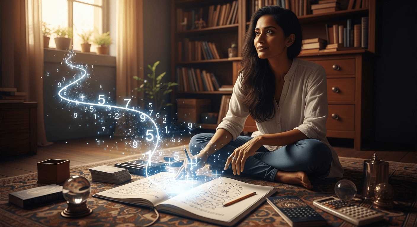 A woman sitting on the floor reading a book with a mysterious blue stream of numbers flowing out.