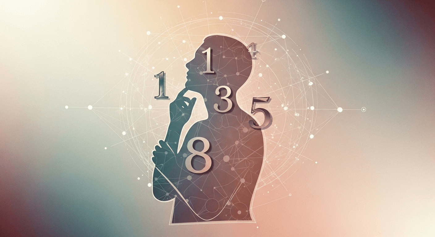 A figure behind a light-colored hue pondering with a series of numbers floating around