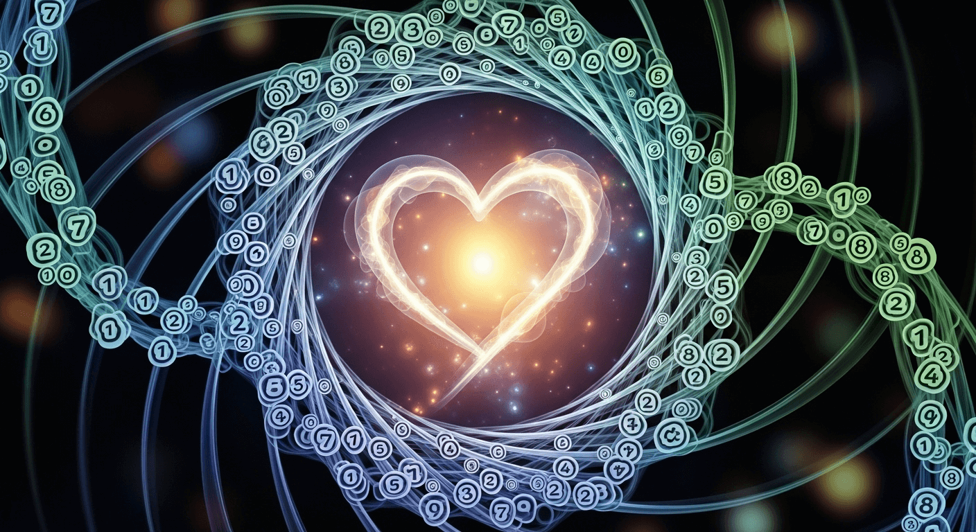 A vibrant aura of numbers with a heart brimming with light in the center
