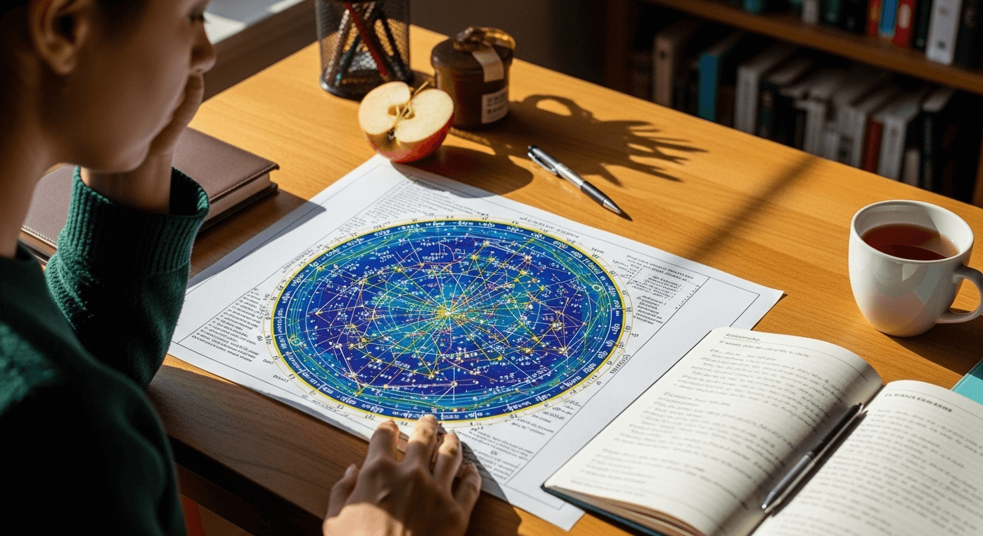 A woman sitting at a desk with map of a series of stars