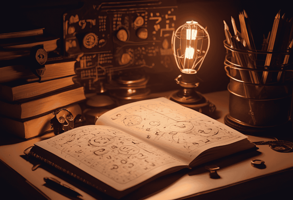 Open book of numerology with a lit latern besides it on a desk