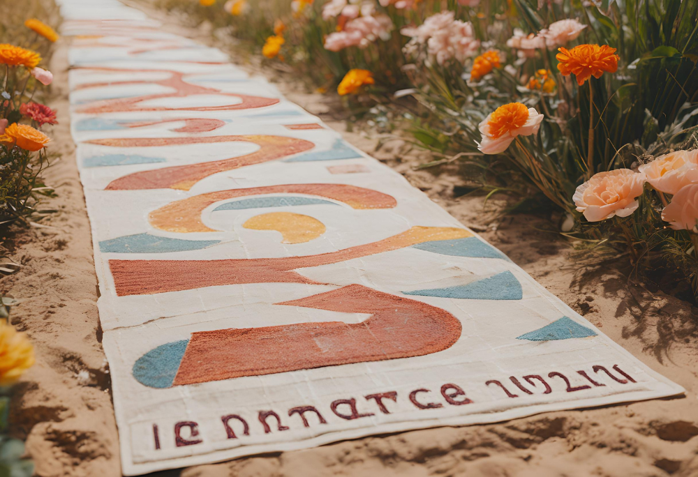 Dirt road next to flowers near a path of numbers