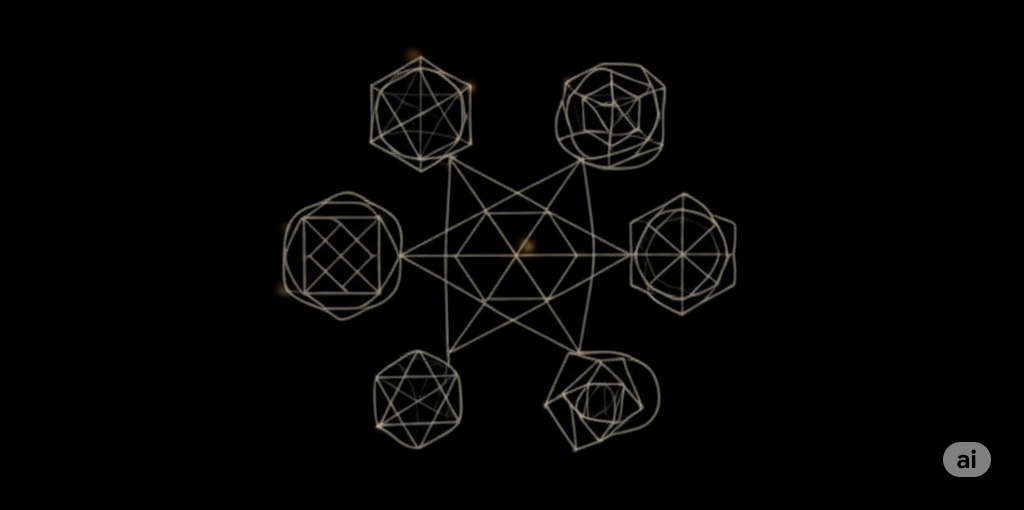 A star with different shapes at each point, behind a dark background