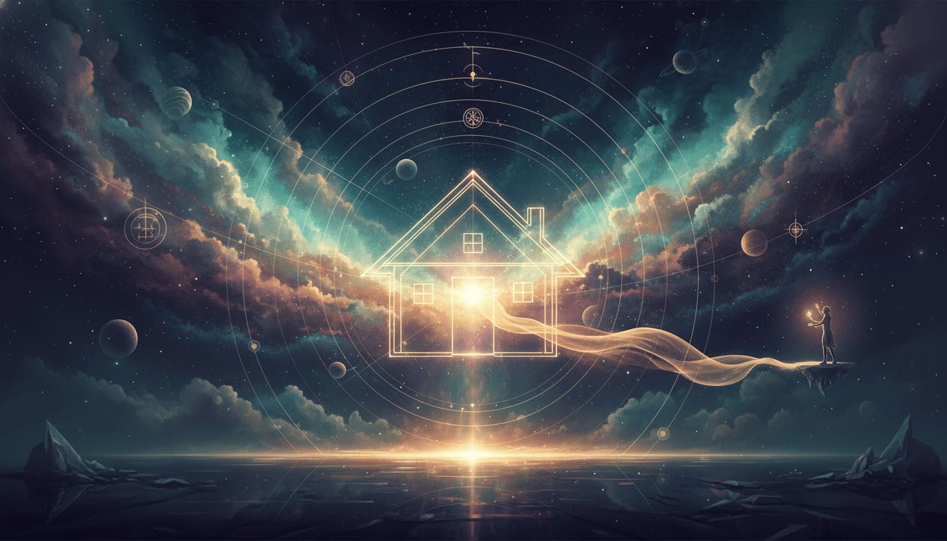 House with glowing numbers representing numerology impacting life.