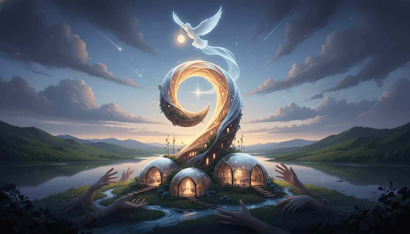 A comforting house with a '9', signifying a humanitarian sanctuary.