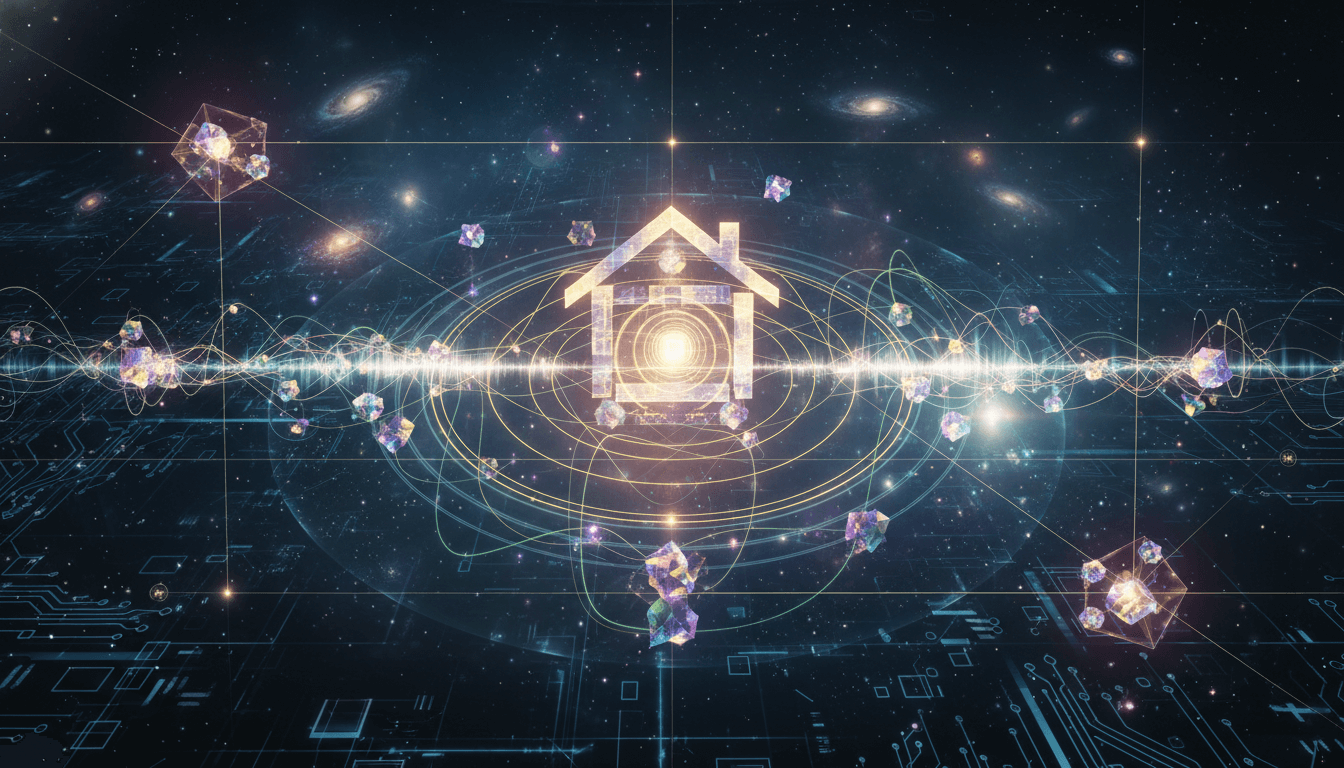 Mathematical symbols overlaying a house, calculating its unique vibrational frequency.