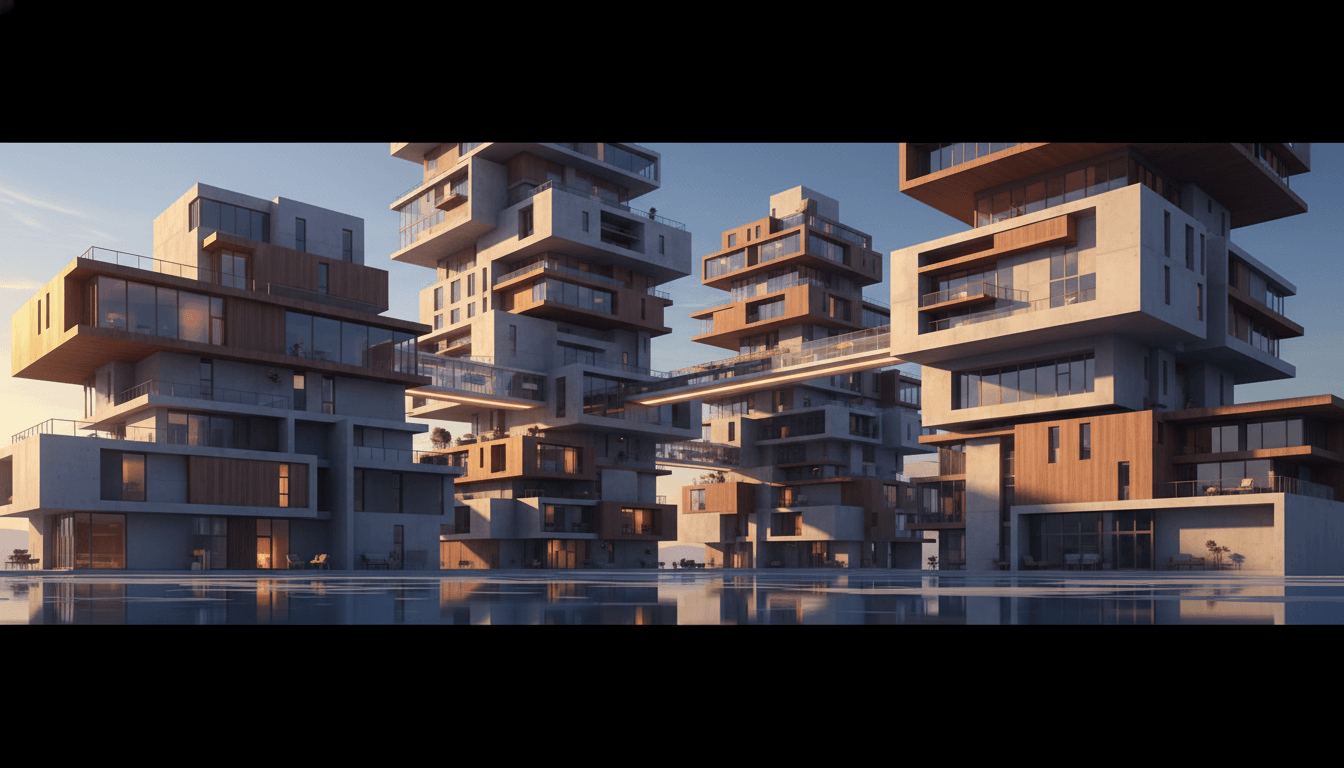 Modern apartment complex facade showing multiple residential units.