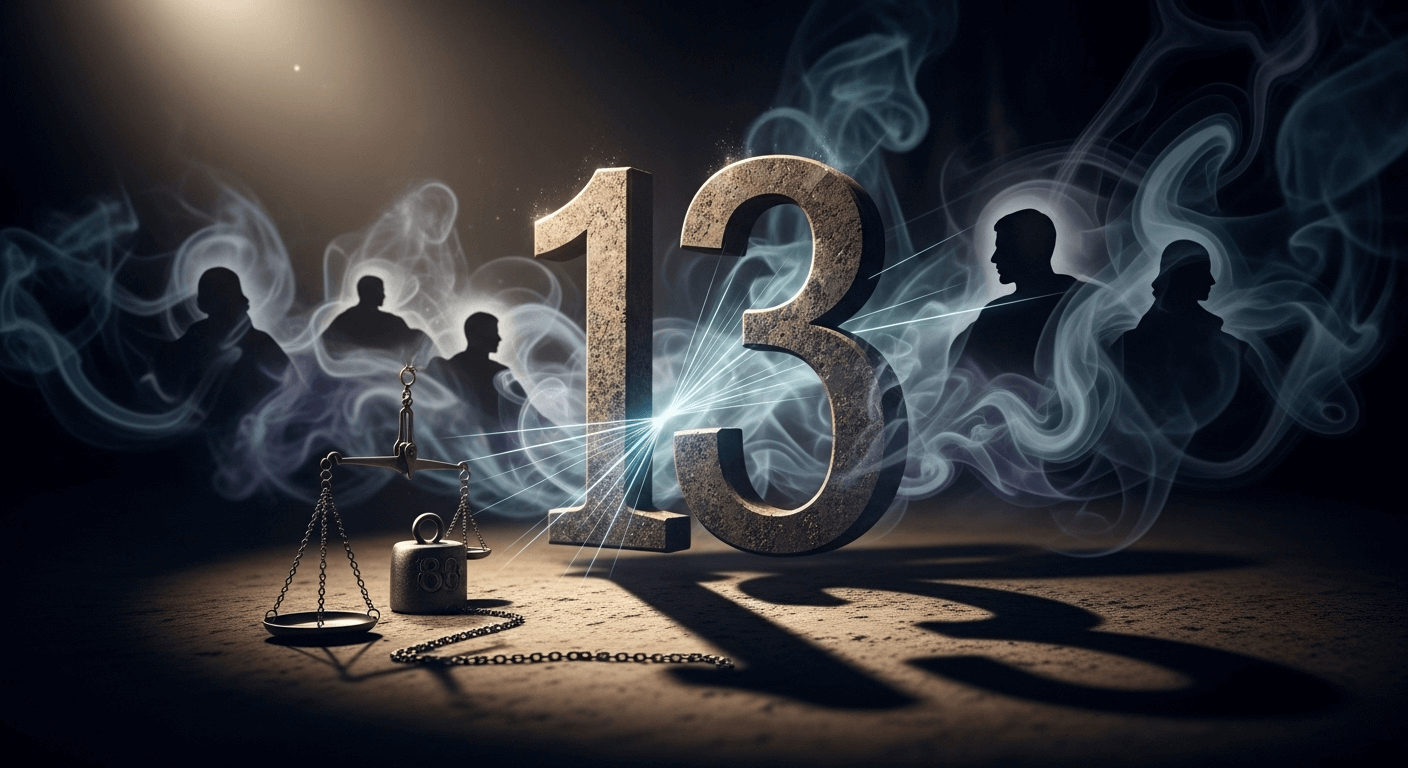 The number 13 stands in a spotlight, with a balance scale to its left and shadowy human silhouettes in the smoky background.