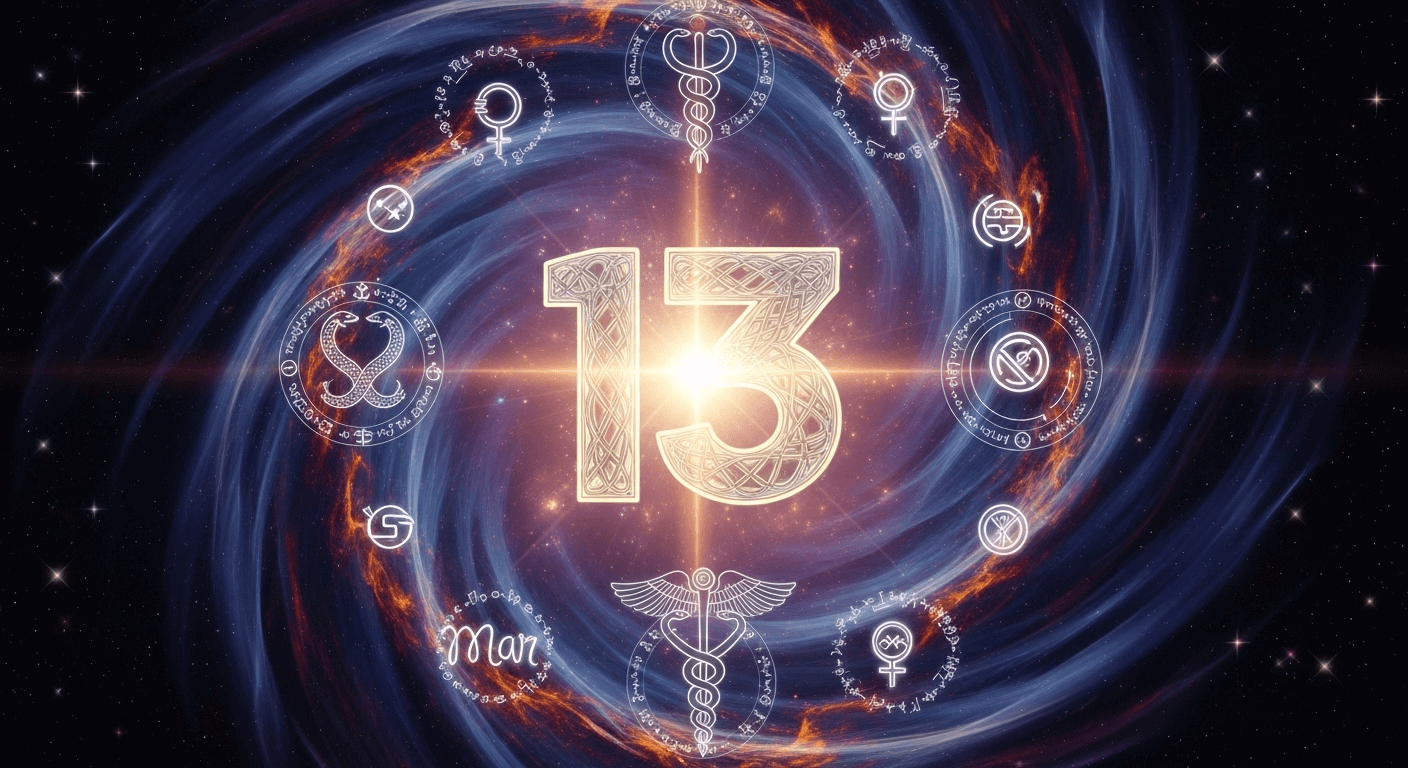 The glowing number 13 is centered in front of a spiral galaxy, surrounded by a circle of mystical symbols.