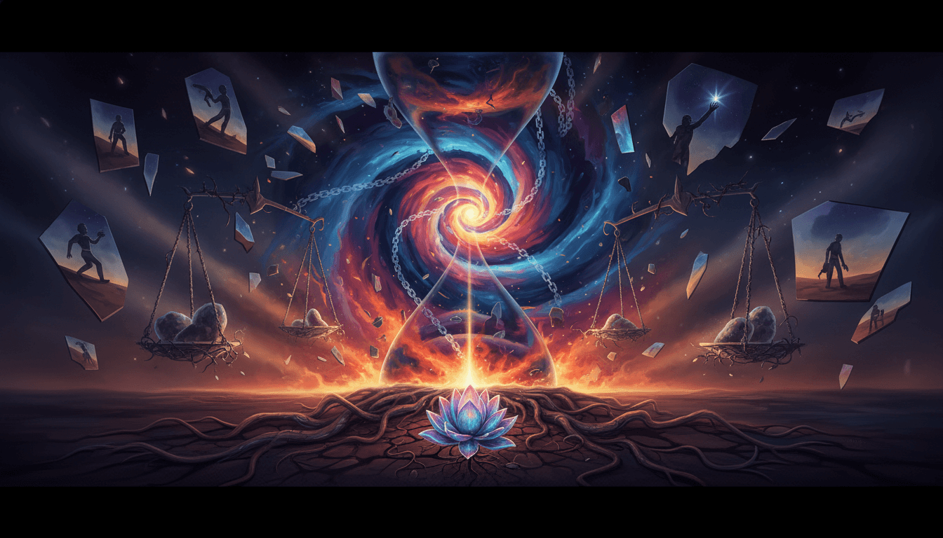 Visualizing Karmic Debt 14's impact on present-day life choices.