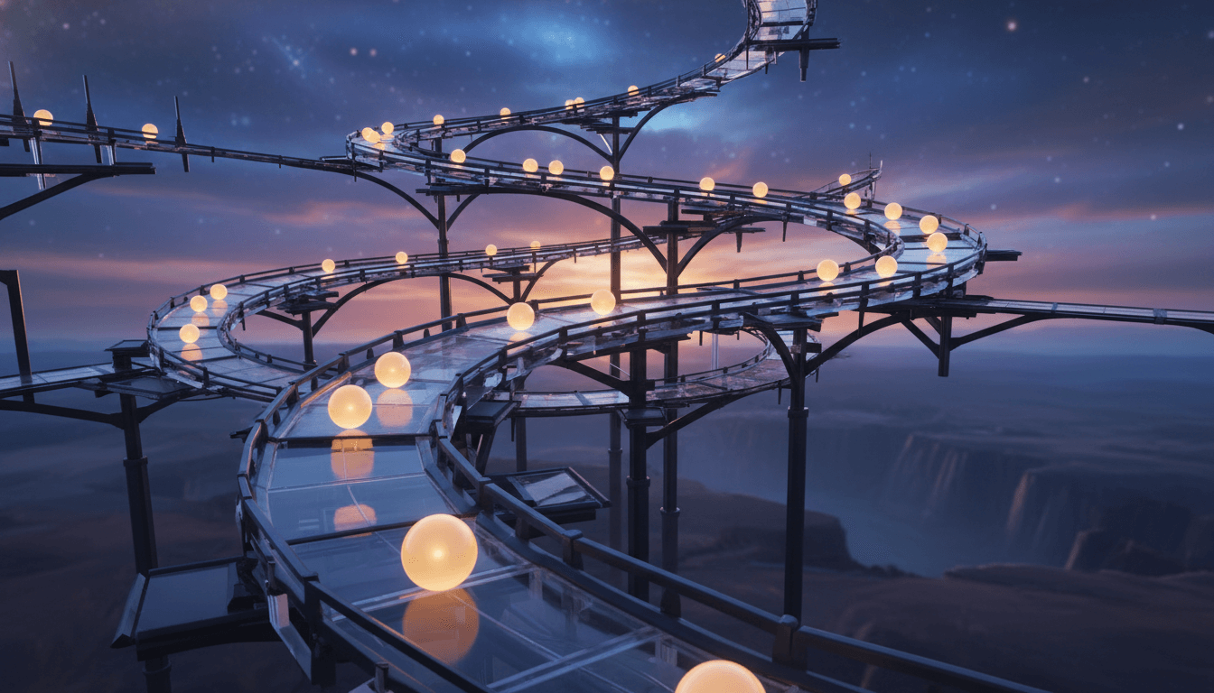 A winding, structured journey culminating in an open, liberating landscape.