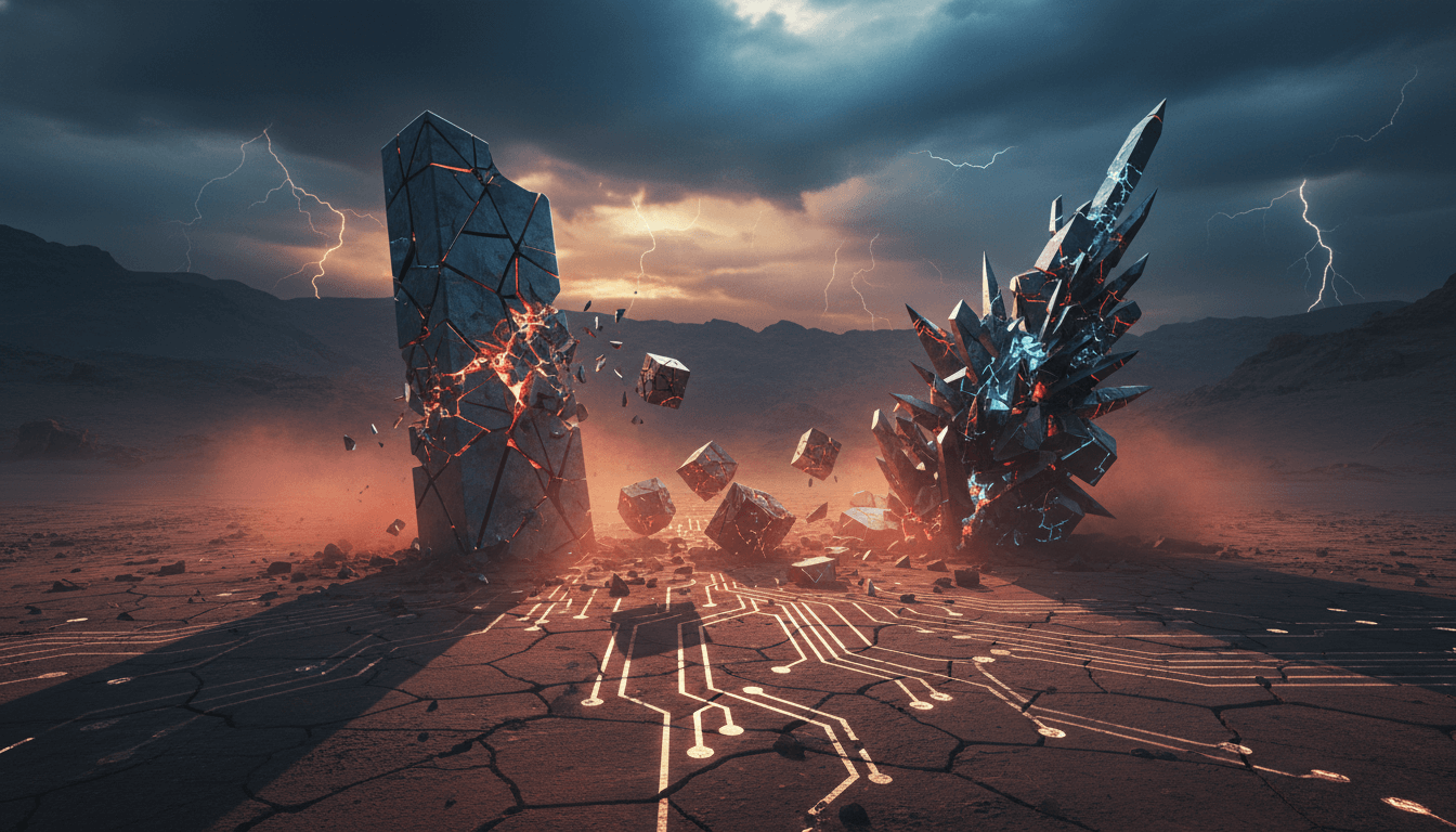 Jagged numbers 1, 6, 7 depicting conflict and their deconstruction.