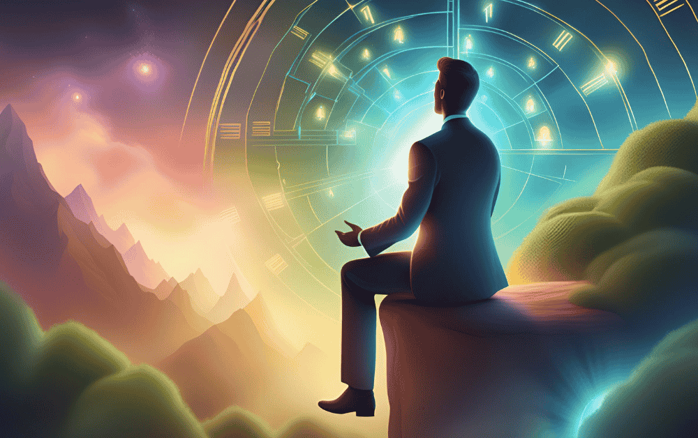 A man sitting at a cliff of a cosmic region