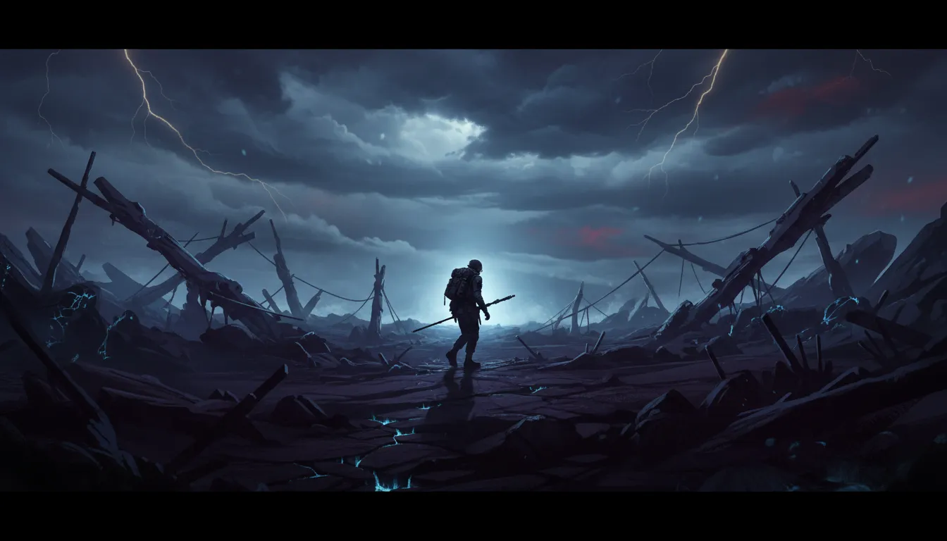 Pioneer navigating a dark, shadowy path with looming obstacles.