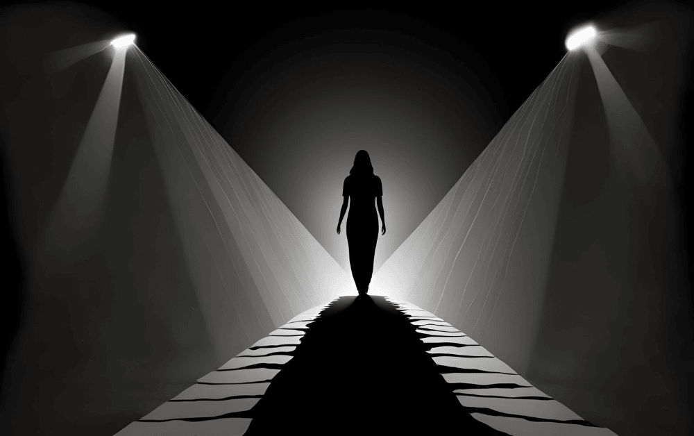 A woman casting a deep shadow in a dark room