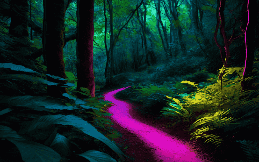 A pink river flowing throuhg a dreamy forest landscape