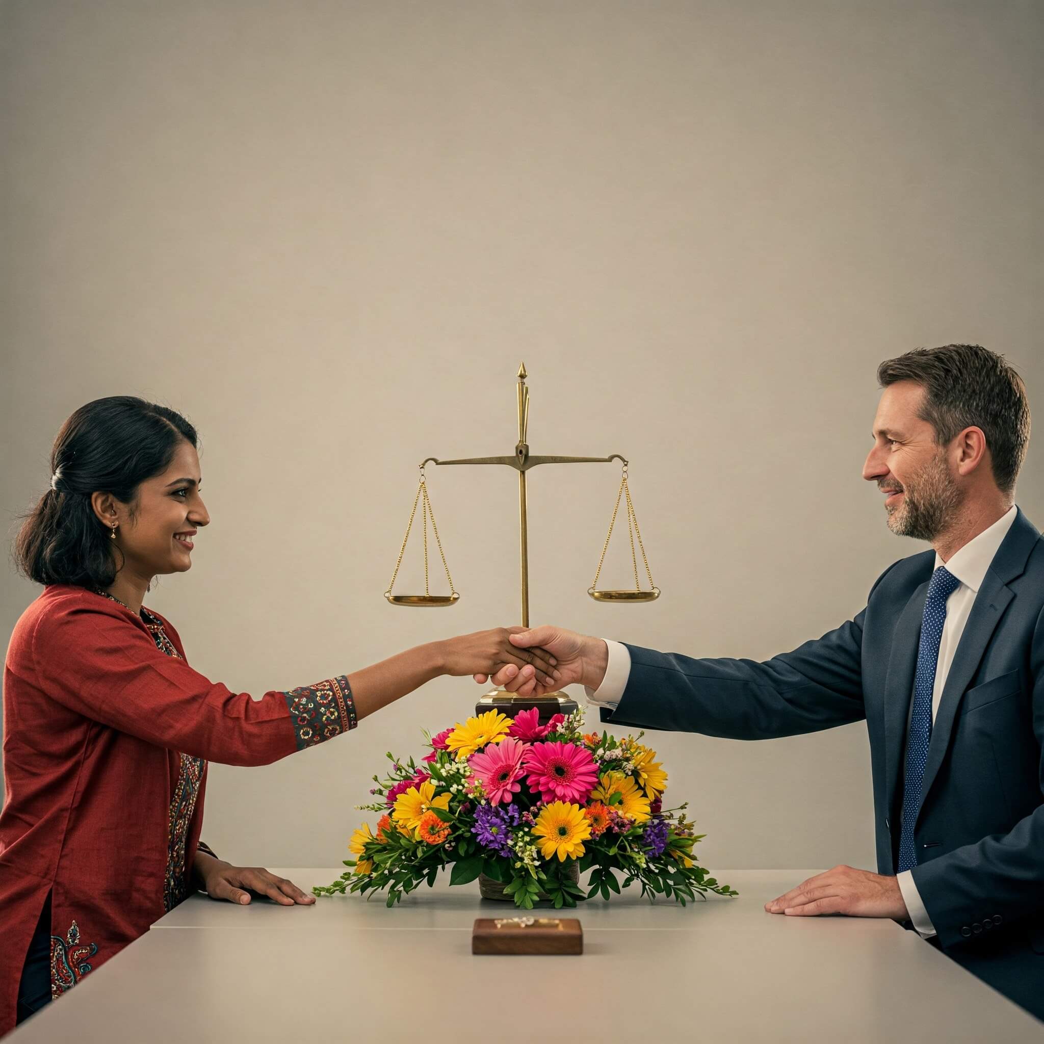 Two people shaking hands over the table with flowers and a scale that indicates balance