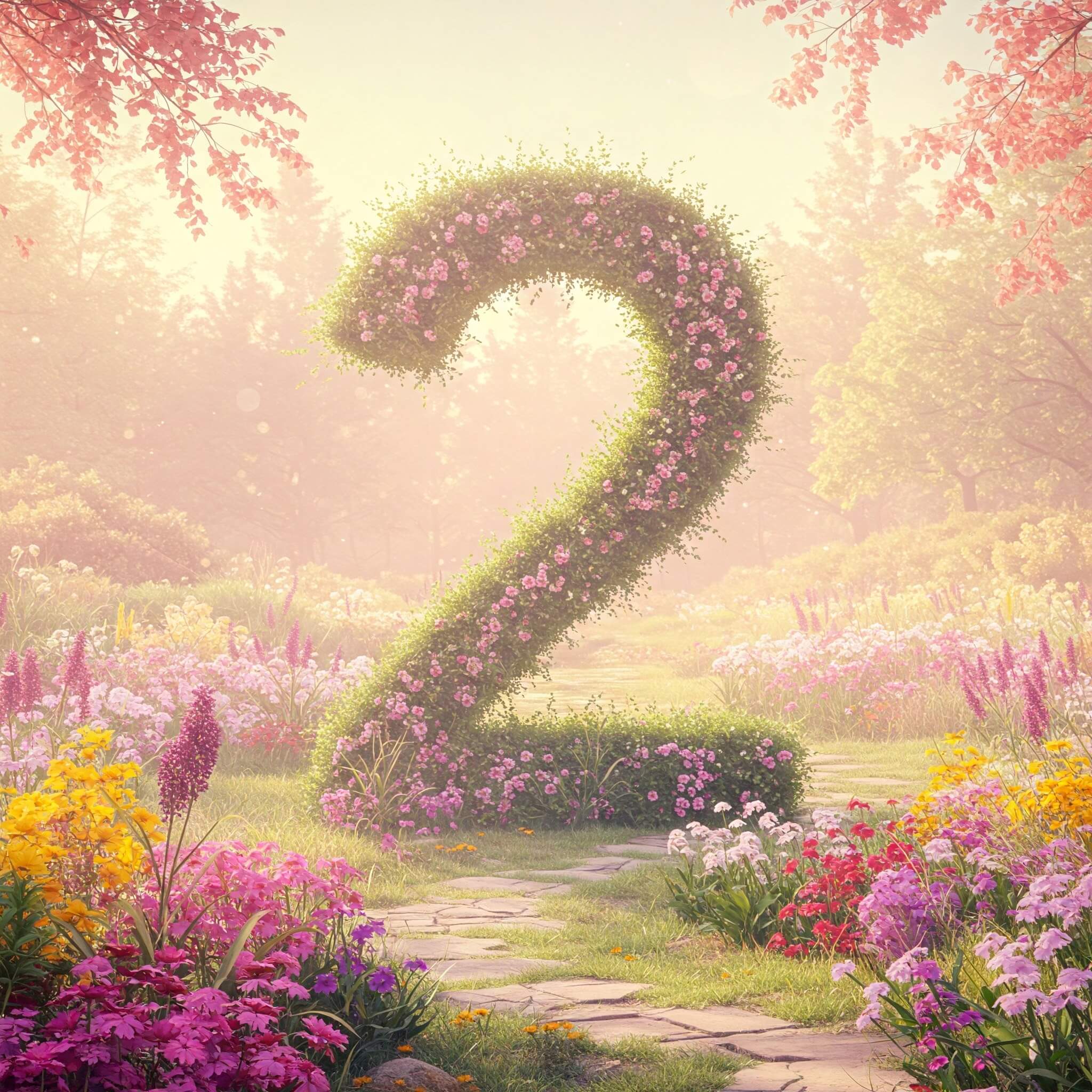 A large grass-covered number two in a bright meadow of flowers