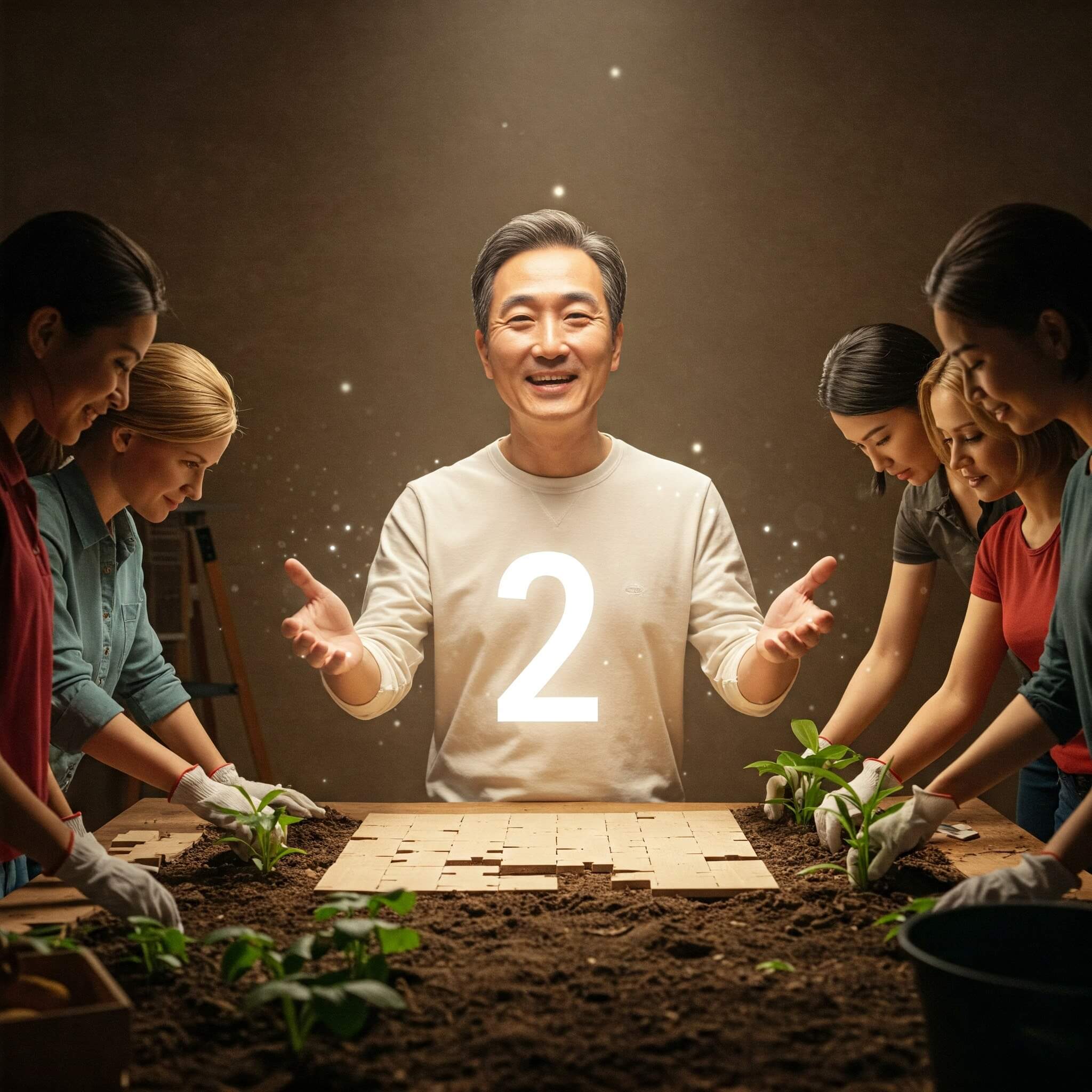Four people planting plants on table with a man at the head of the table providing inspiration