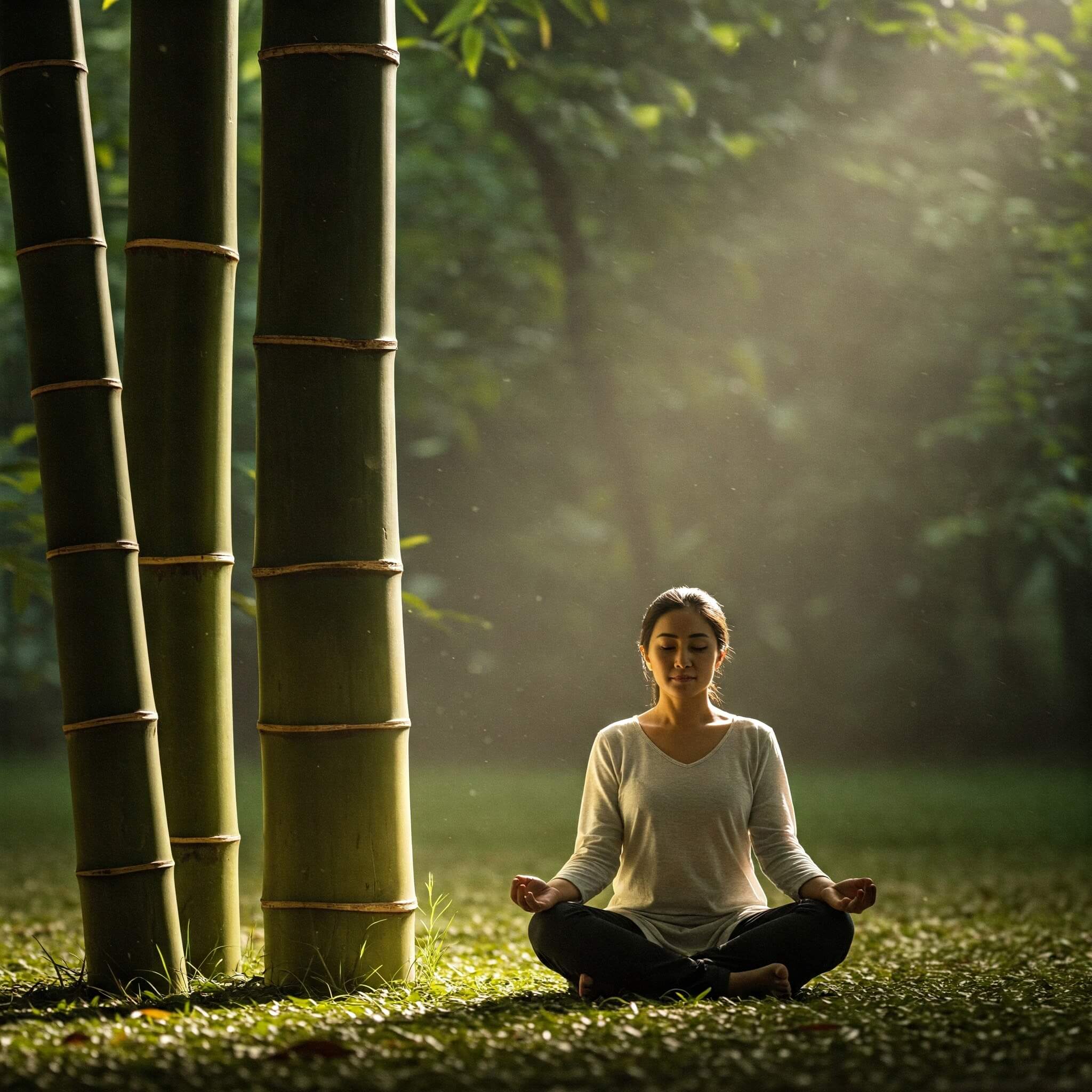 A woman meditating in a forest with bamboo