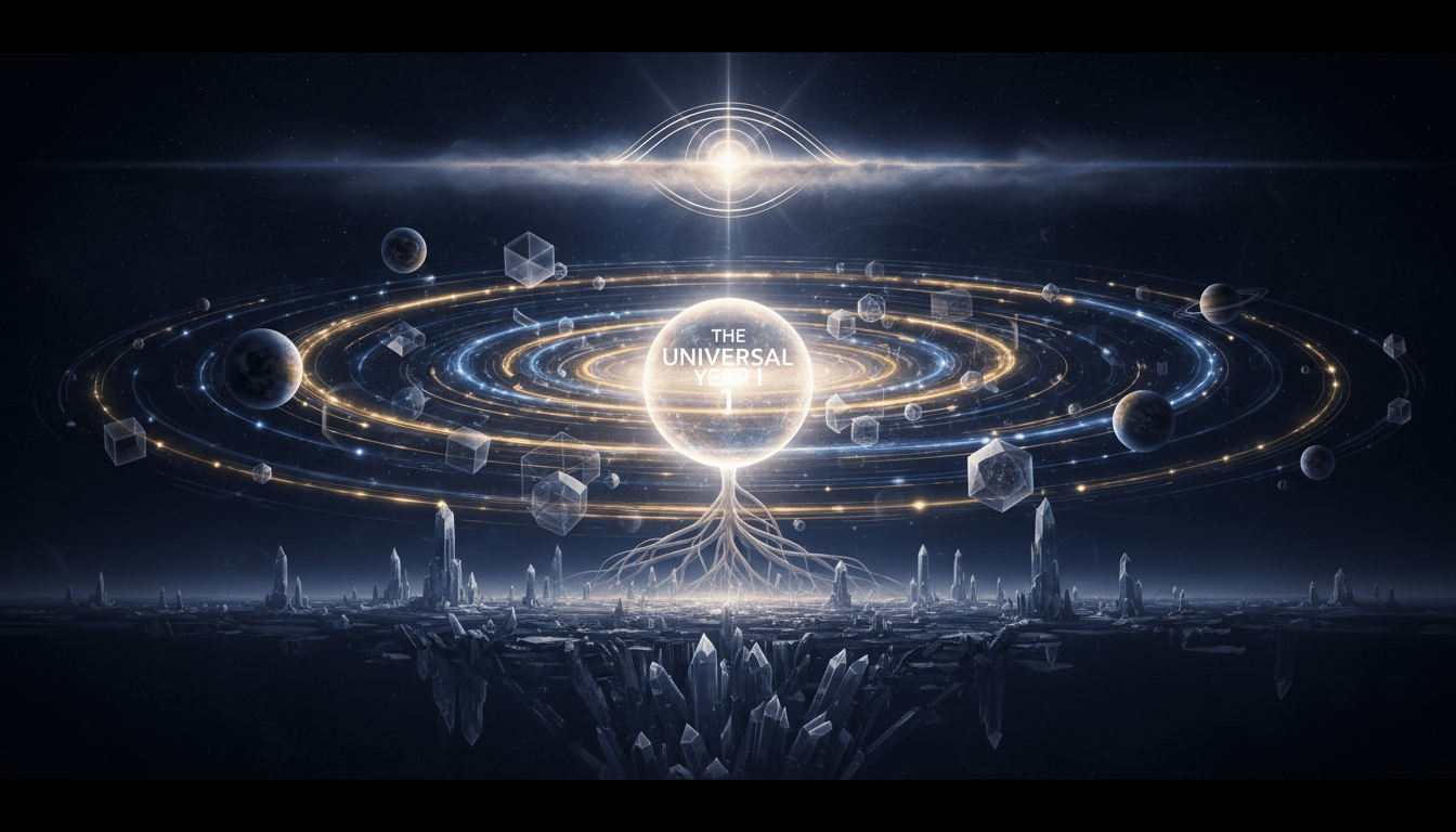 Abstract cosmic dawn, geometric forms illustrating universal metaphysical principles.