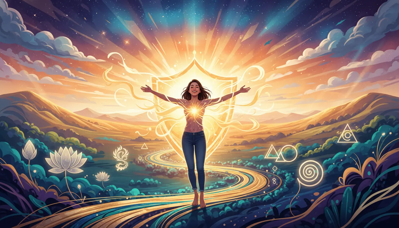 Radiant person on an upward path, symbolizing growth and inner light.