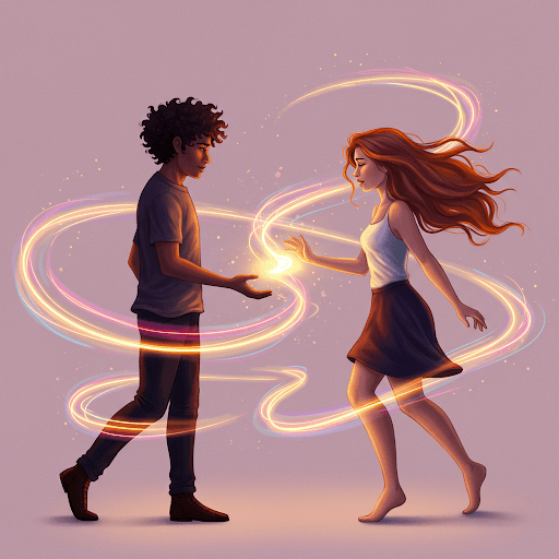 A man and a woman surrounded by a rainbow like halo around their body