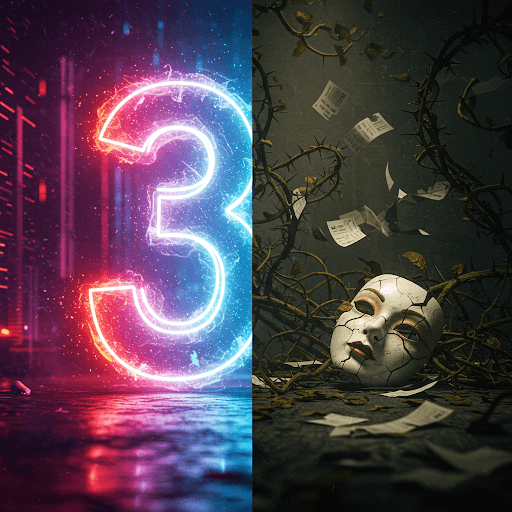 A split image of a bright 3 and a dark mask