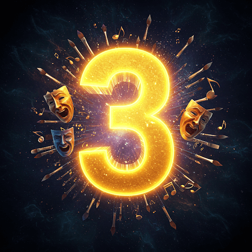 Large, bright 3 in space with opera masks around the number