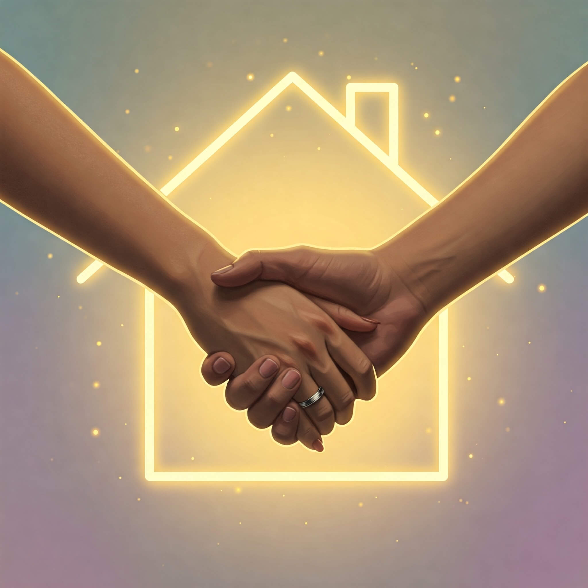 Two people holding hands behind a bright light