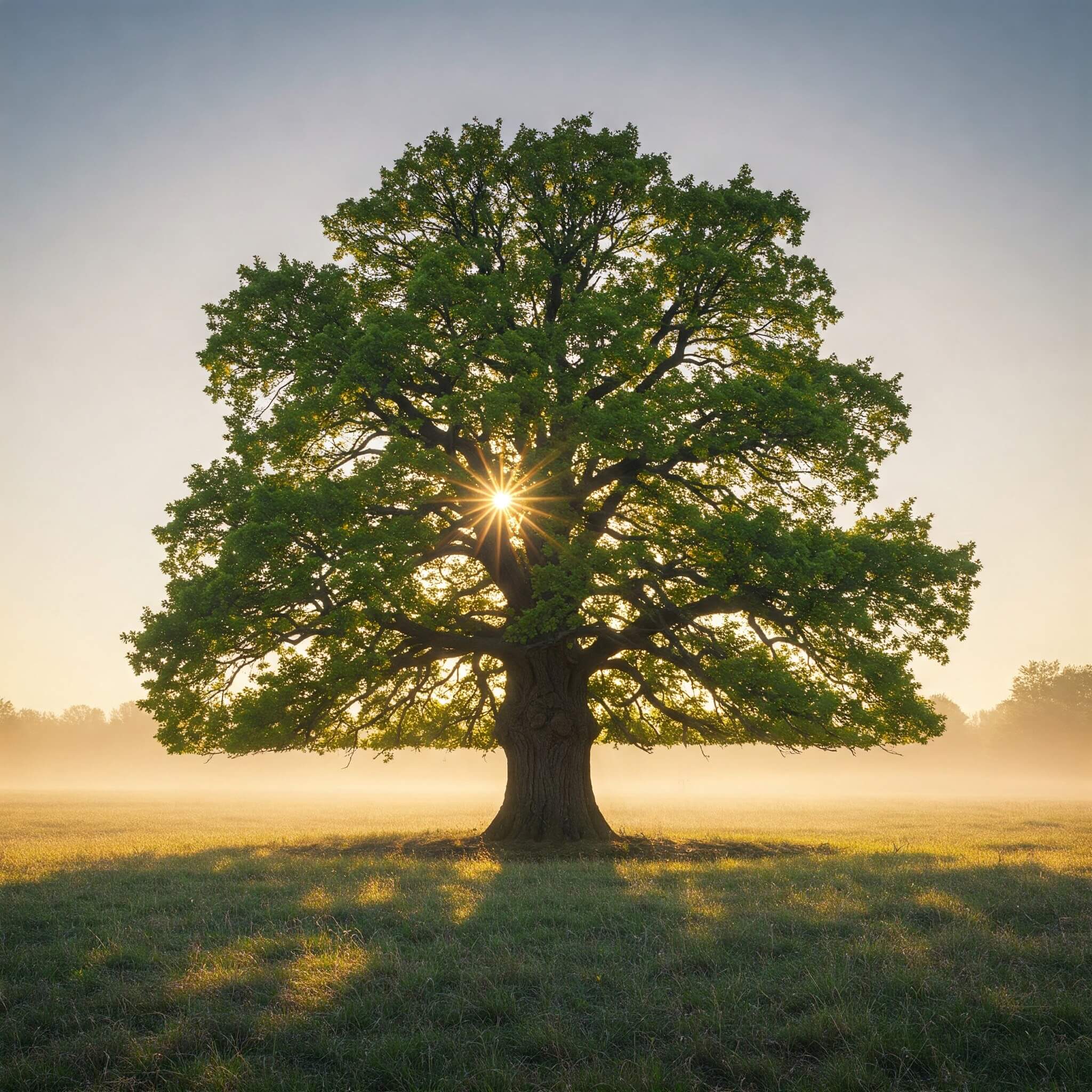 Large oak tree with the sun piercing through the leaves