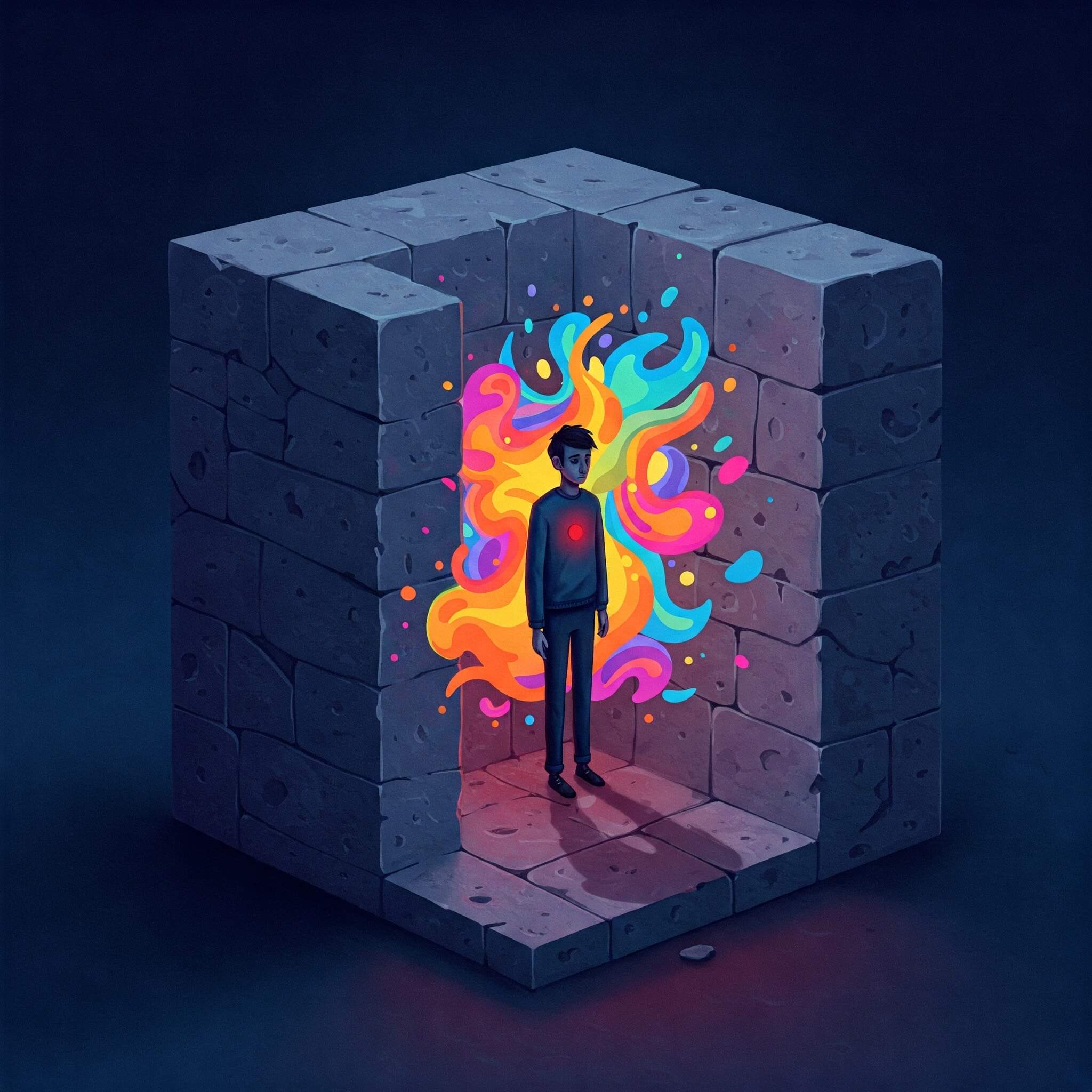 A sketch of a figure surrounded by a multi-colored flame, producting a shadow