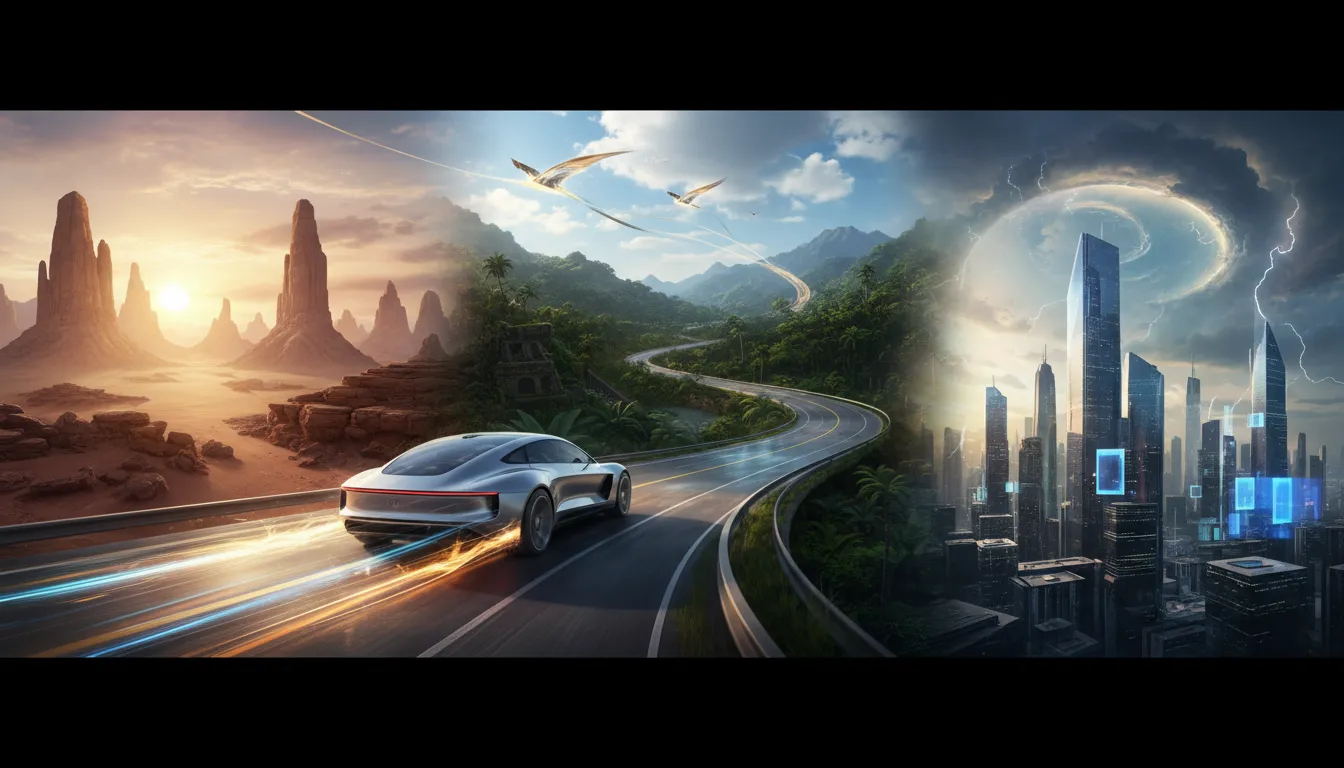 Winding road leading to a distant horizon, symbolizing freedom, adventure, and change