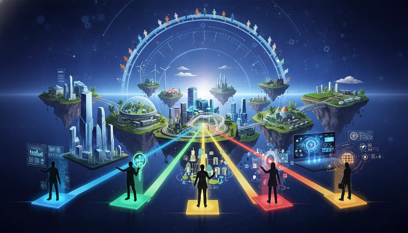 Globe with five radiating career icons, representing dynamic work opportunities.