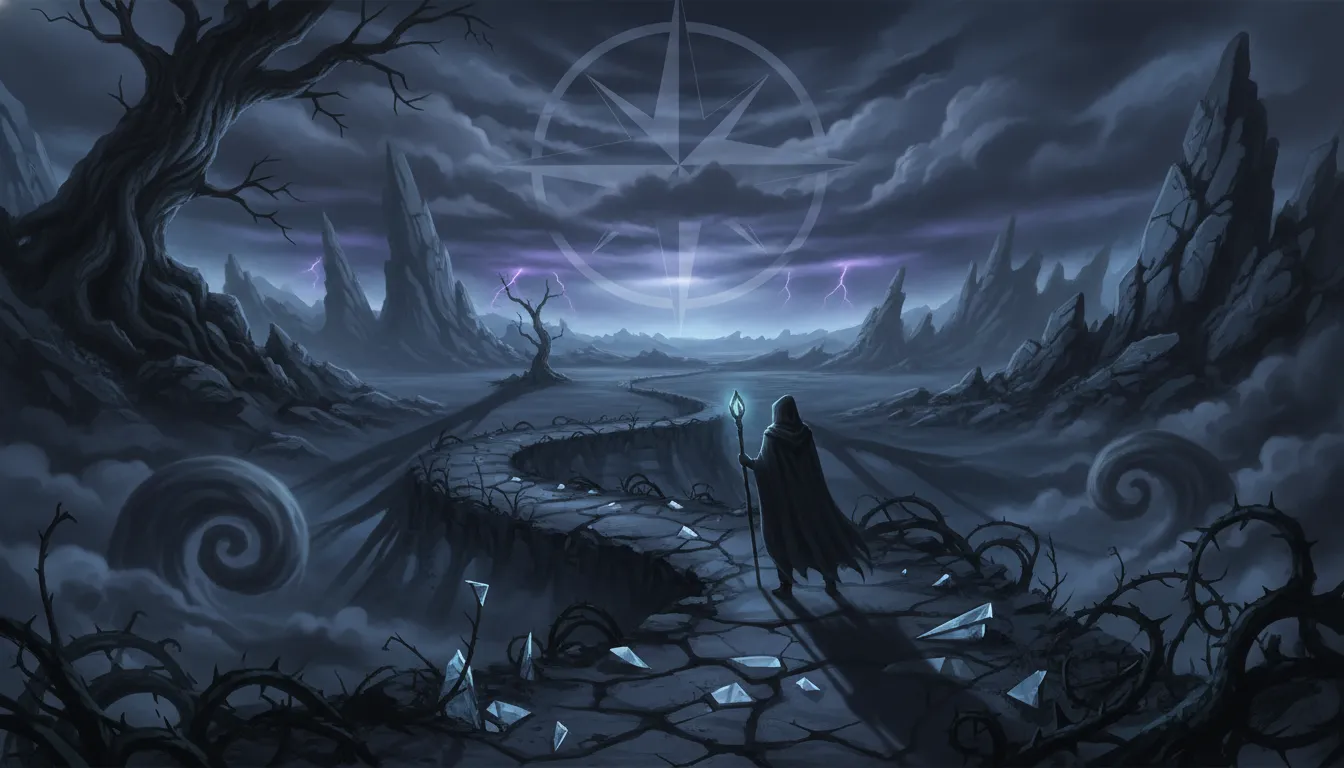 Shadowed path with obstacles, representing Life Path 5's potential challenges.