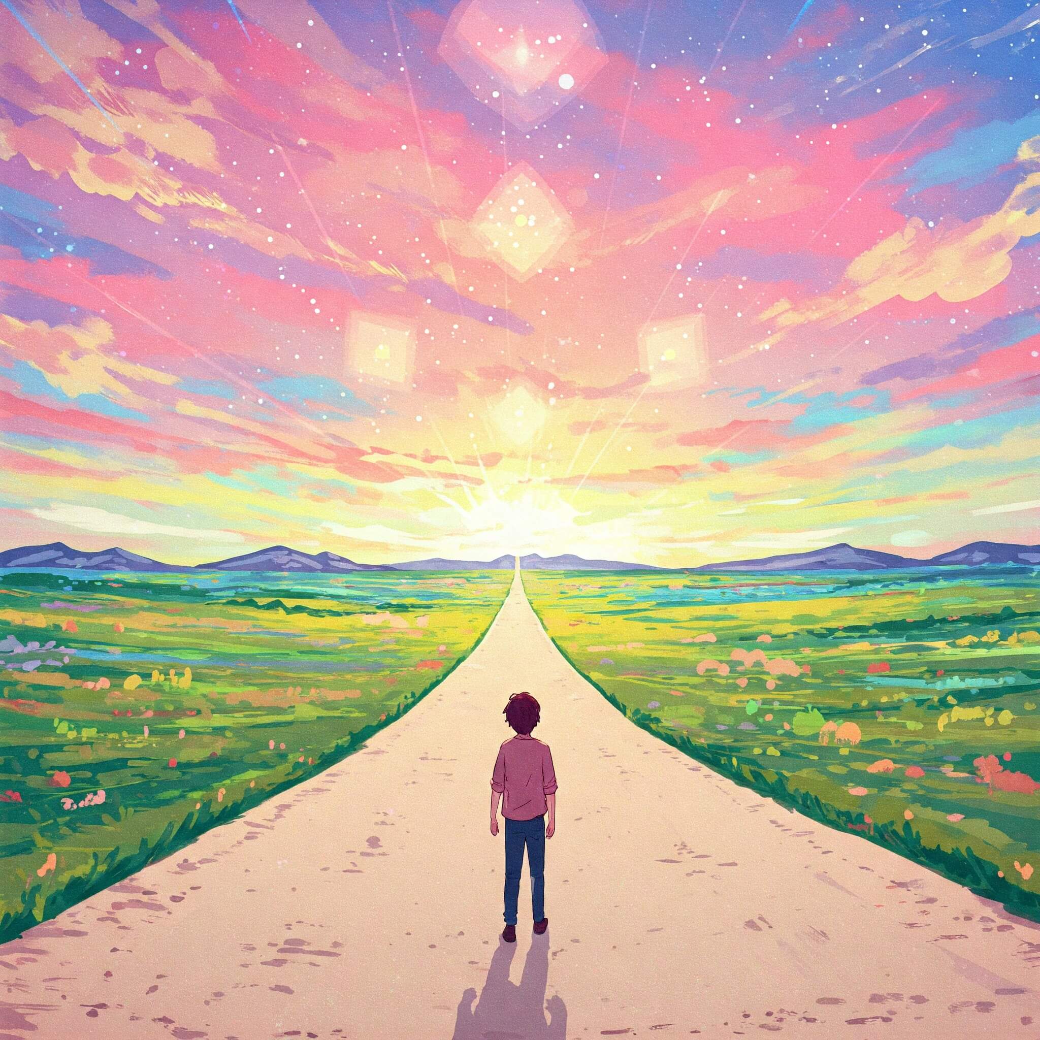 A person on a path, near grass, with the sun rising at the very end