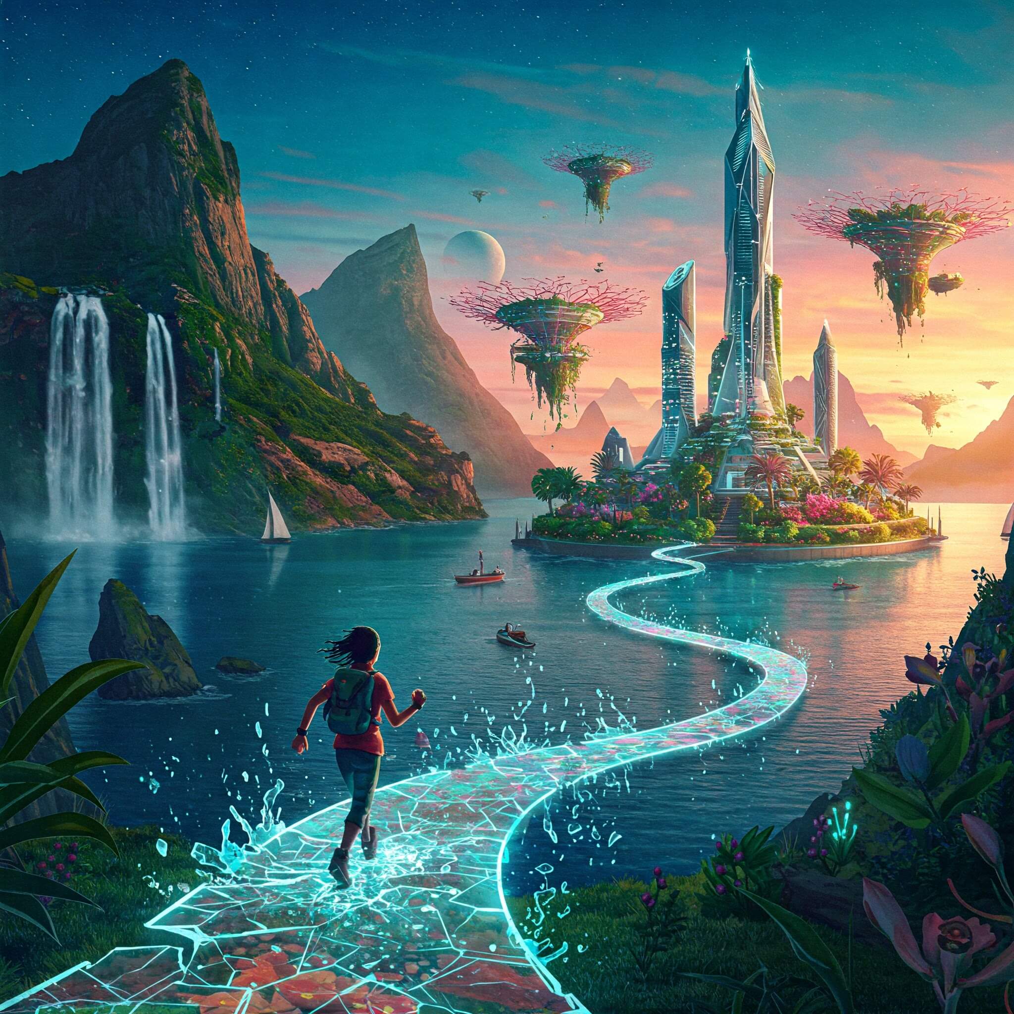 A person on a water-like path, above ground heading towards a mystical castle