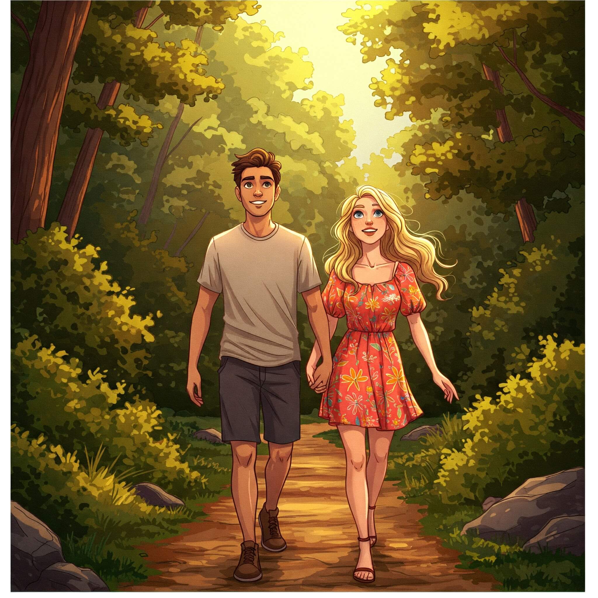 A male and female couple holding hands through a jungle