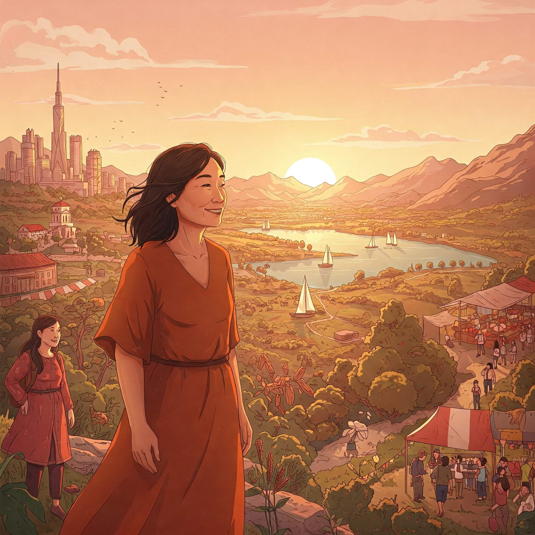 A woman overlooking a valley with a small town at the bottom, holding a fair