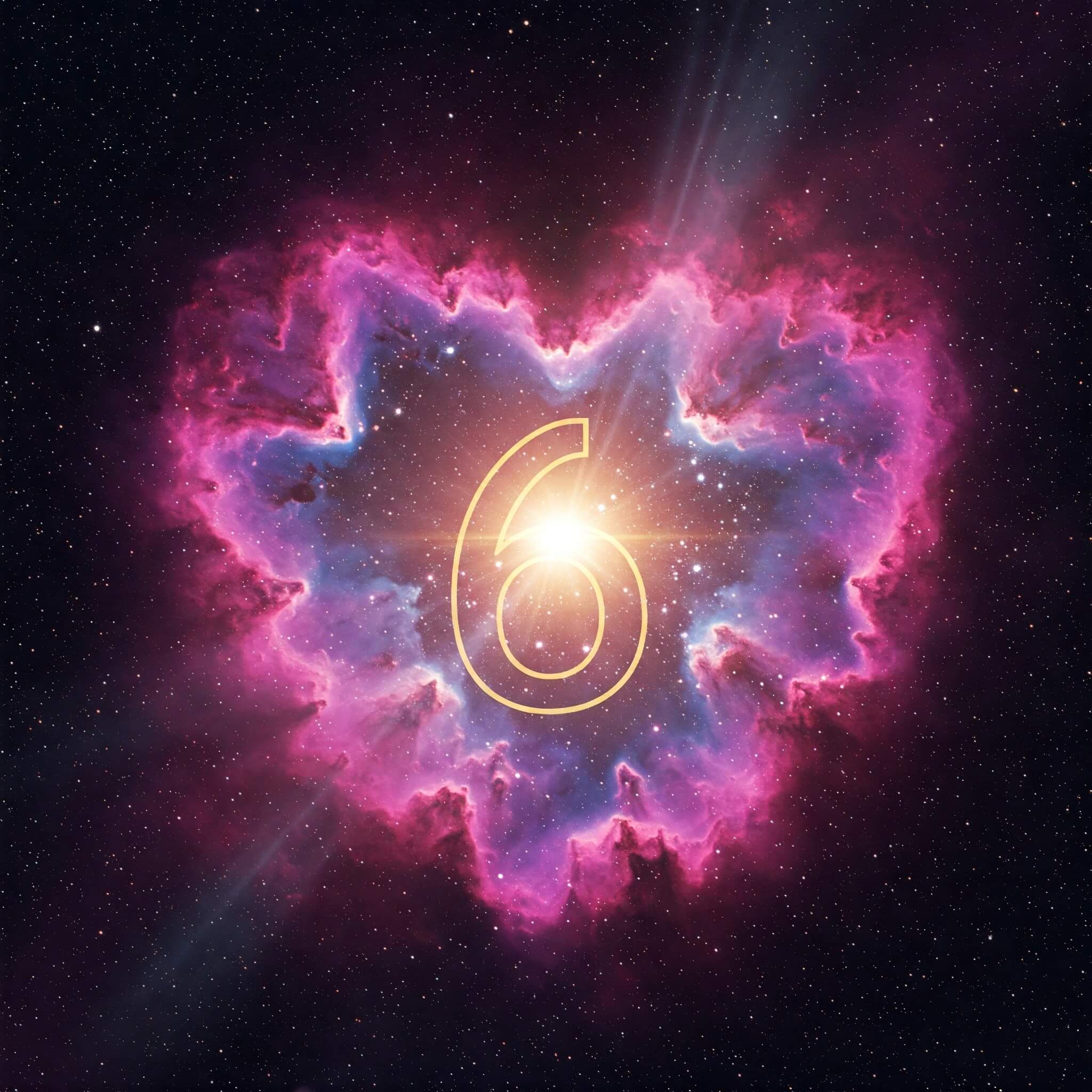 A bright neon 6 in the dark cosmos