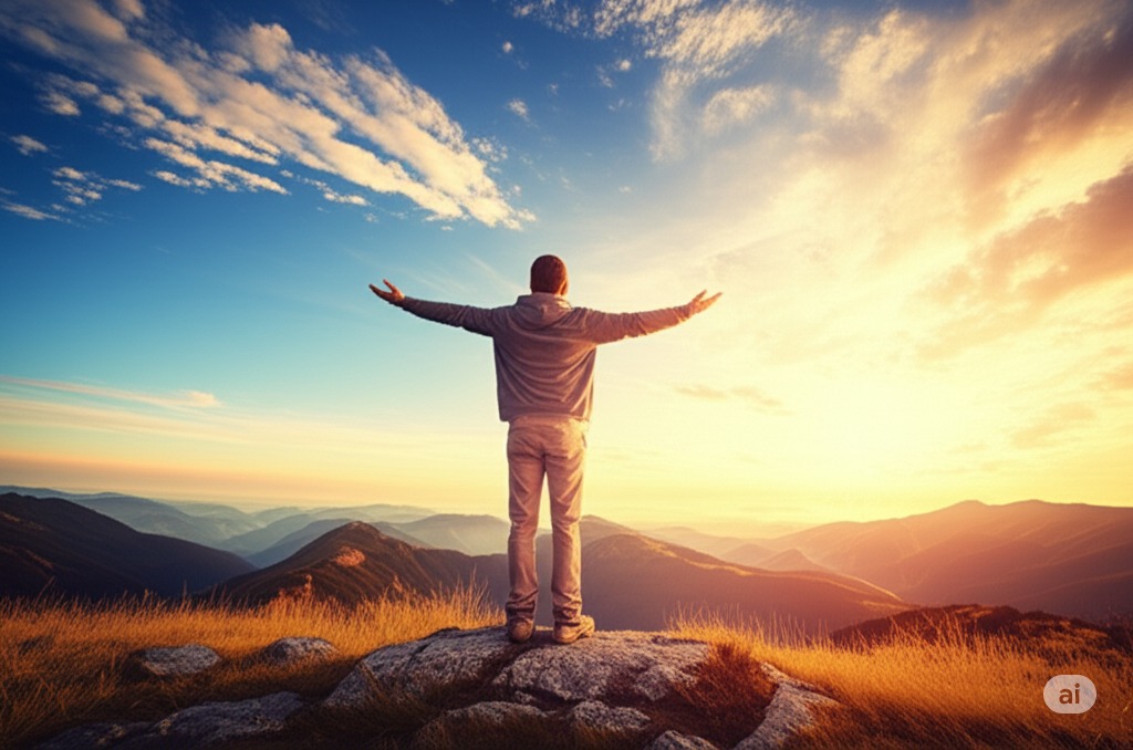 A man putting his arms out in the air over a scenic cliff