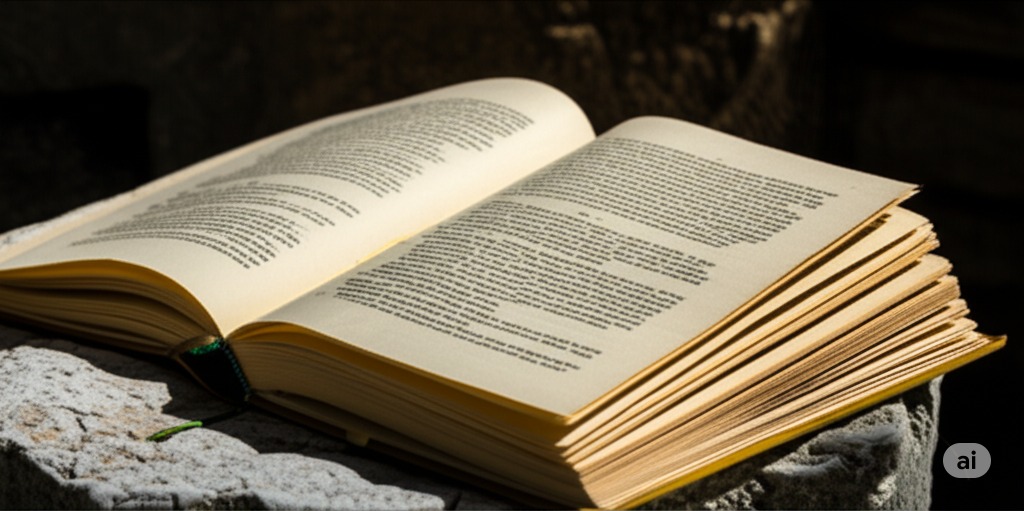 A book that is open, sitting on a dark desk