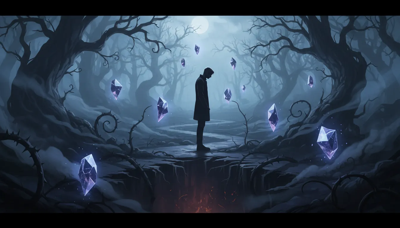 Person cautiously navigating a shadowy path, facing internal challenges.