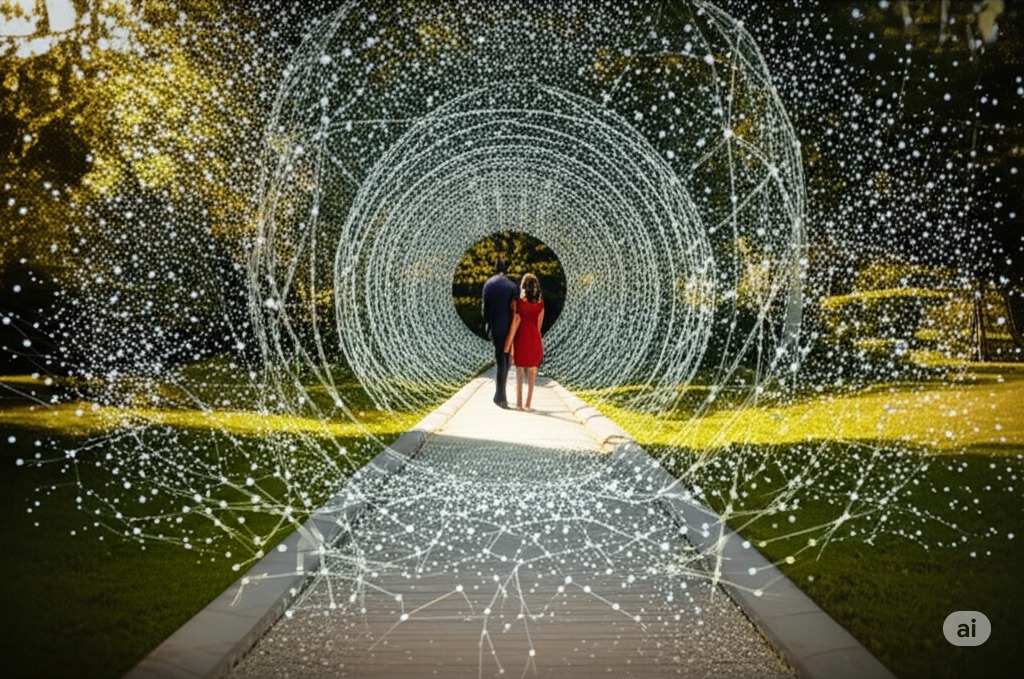 A couple walking down a bright pathway at a park